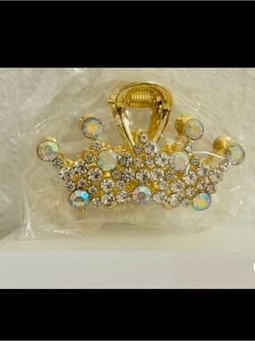 NEW Polished Gold Toned Metal & Rhinestones Queen’s Crown Hair Claw Clip
